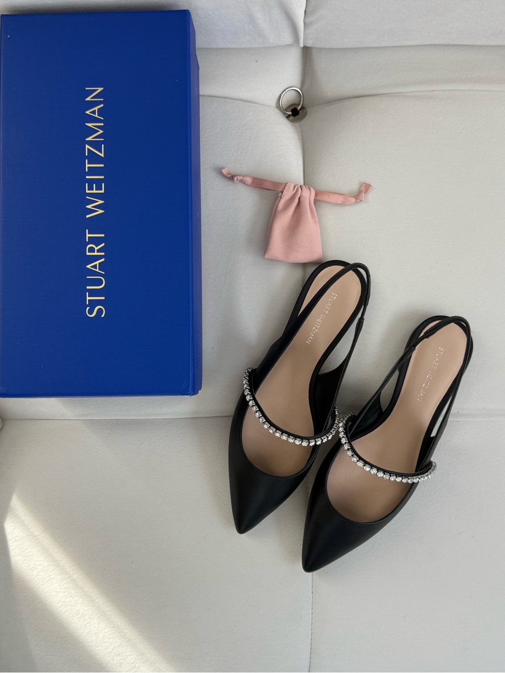 Stuart Weitzman Black Pointed Slingback Flats with Crystal Strap